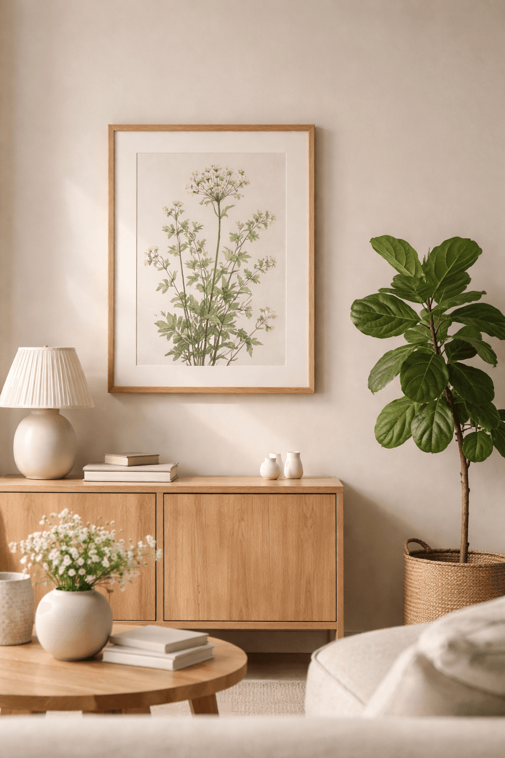 Framed botanical print and indoor plant styled in a calm interior